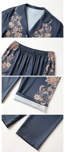 Detail of navy blue satin pajamas set showing classic lapel and floral print pattern