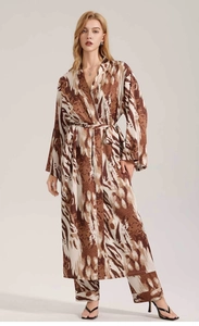 Detail view of wild leopard print satin robe and matching trousers loungewear set for women