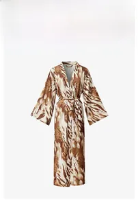 Detailed view of women's leopard print satin robe featuring a belted waist and wide sleeves