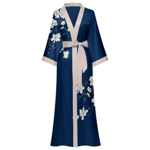 Peignoir Kimono en Satin de Luxe pour Femmes Manches Longues Imprimé Floral Col en V Chemise de Nuit avec Ceinture Élégante Robe de Chambre