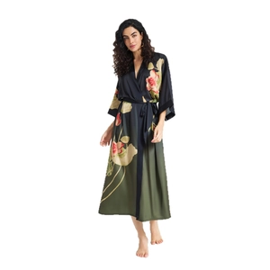 Lustrous satin floral printed long sleepwear robe with pink lotus on dark green base