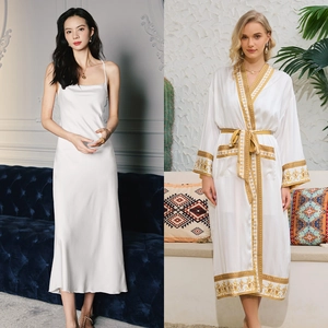 White satin slip dress and robe set featuring golden baroque patterns in detail
