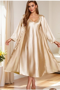 Close-up of champagne gold satin sleepwear set featuring silk texture and v-neck design