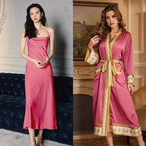 Detailed view of rose pink silk pajama set with gold baroque patterns on sleeves and hem