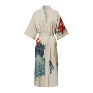 Elegant beige floral satin robe featuring traditional Chinese lotus prints and a waist belt