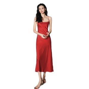 Elegant red silk satin slip dress with adjustable thin straps and a draped neckline