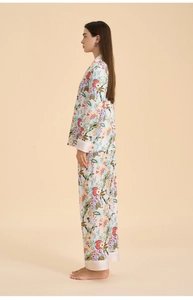 Floral print long sleeve pajama set with silk-like pink trim and elegant lapel collar