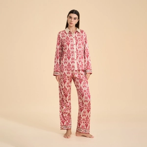 Women Ethnic Ikat Pattern Satin Chiffon Pajamas Long Sleeve Top And Pants Loungewear Soft Comfortable Sleepwear For Spring Summer