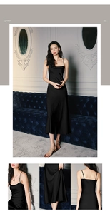 Detail view of smooth black satin sleepwear dress with elegant drape and thin straps