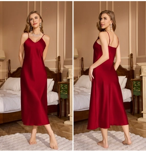 Detail view of dark red satin nightgown with V-neckline and slim spaghetti straps