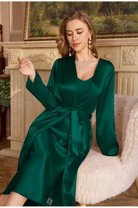 Lustrous dark green satin robe set featuring a matching nightgown and belted wrap