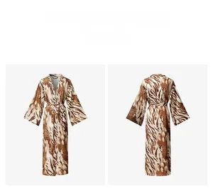 Detailed front and back views of a luxury long satin robe with brown tiger print patterns