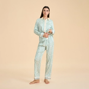 Mint green satin pajama set with ethnic ikat patterns and long sleeves for women