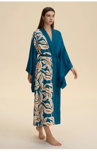 Deep blue satin long robe with leaf print, kimono sleeves and matching waist tie belt