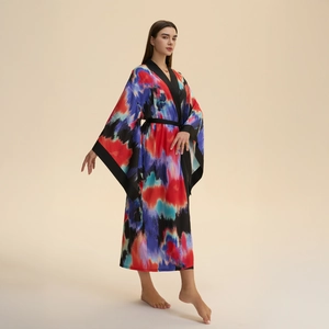 Women Long Satin Kimono Robe Abstract Artistic Print Wide Sleeve Loungewear Bathrobe With Belt For Summer Spa Vacation