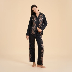 Elegant Women Satin Homewear Top And Pants Vintage Paisley Floral Print Lightweight Pajamas Sleepwear Comfortable Loungewear