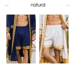 Detail of baroque gold trim on deep blue satin bathrobe and matching shorts set