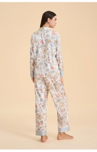 Back view of elegant floral satin pajama set featuring long sleeves and vintage print