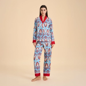 Set Pigiama in Satin con Stampa Ikat Etnica da Donna Top E Bottom a Maniche Lunghe Abbigliamento da Notte Confortevole