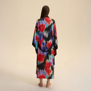 Women's long satin bathrobe with colorful abstract ink print and black trim sash