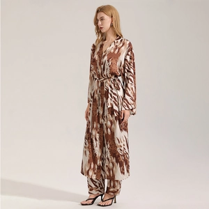 Elegant leopard print satin pajamas set with long robe and trousers for women
