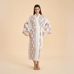 Women Elegant Satin Chiffon Kimono Robe Long Floral Printed Bathrobe With Belt V Neck Loungewear For Spa Vacation Morning Gown