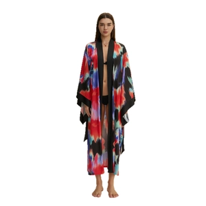 Women's long satin robe with colorful abstract print and wide sleeves in artistic style