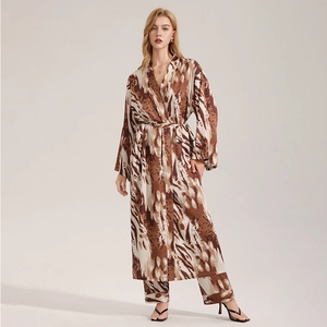 Silk-like satin leopard print robe and pants set for women with long sleeves and belted waist