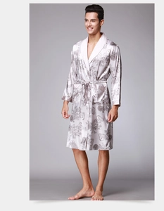 Men's silver silk-like bath robe with grey baroque patterns and shawl collar
