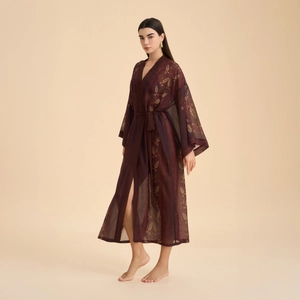 Women's burgundy chiffon long robe with gold leaf print and elegant bell sleeves