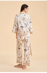 Back view of elegant floral print satin pajamas set with kimono tie and long pants