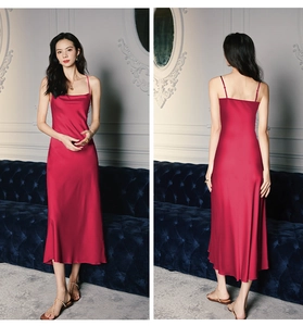 Front and back view of elegant fuchsia satin slip nightgown with thin straps
