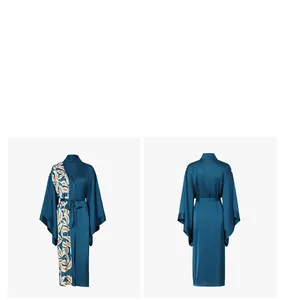 Front and back macro view of navy satin long robe with artistic leaf print details