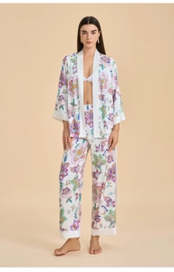 Detail of satin floral paisley pajamas set featuring long sleeve cardigan and wide leg pants