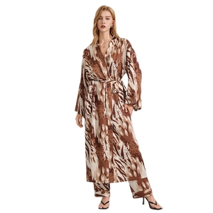 Elegant two-piece leopard print satin loungewear set with long wrap robe and matching trousers