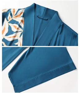 Detail of peacock blue satin robe featuring kimono collar and floral leaf print texture