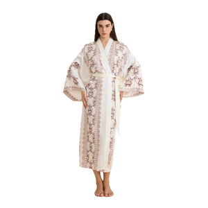 Elegant white floral satin robe for women with ethnic patterns and adjustable waist belt