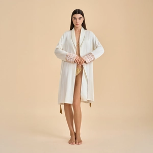 Elegant white satin bathrobe with champagne embroidery and shawl collar for women