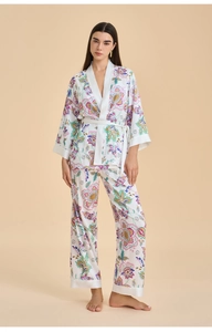 Detail of premium floral paisley satin pajama set with kimono collar and silky texture