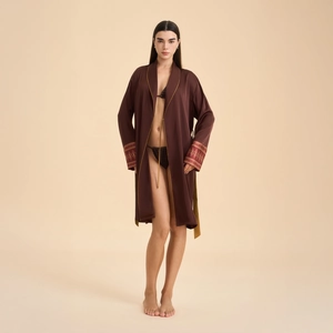 Women's brown satin robe with gold trim and vintage patterns for home wear