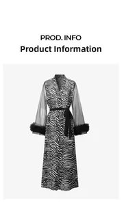 Detail view of zebra print robe featuring sheer mesh sleeves and black feather trim cuffs