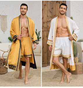 Baroque style gold and white satin robe set with luxury embroidery and shorts