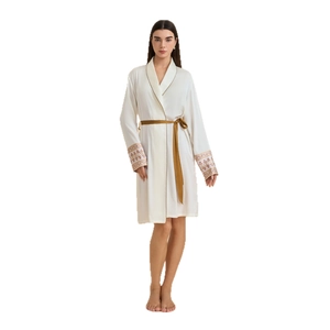Elegant ivory satin long-sleeve robe with gold trim and embroidered cuffs for women