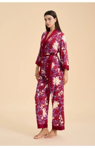 Deep red floral satin pajama set with long sleeves and belted kimono wrap top