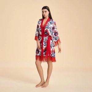 Robe de Chambre Kimono de Luxe en Satin pour Femme Imprimé Fleuri Léopard Col en V Peignoir Avec Franges et Ceinture