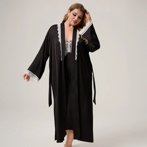 Plus size black satin robe and nightgown set with elegant white lace trim for women
