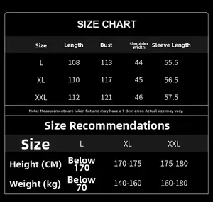 Detailed size chart for men silk robe including measurements for L, XL, and XXL sizes