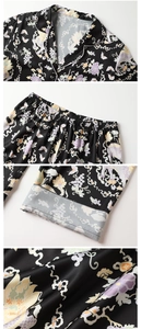 Detail view of floral print satin pajamas set featuring elegant white piping on lapels