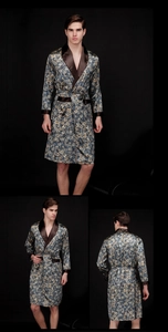 Three-view montage of a men's paisley silk robe with satin trim and belted waist
