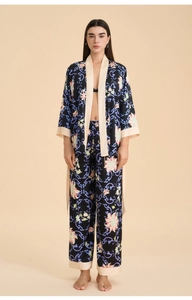 Detail view of floral satin loungewear set with wide leg trousers and long sleeves